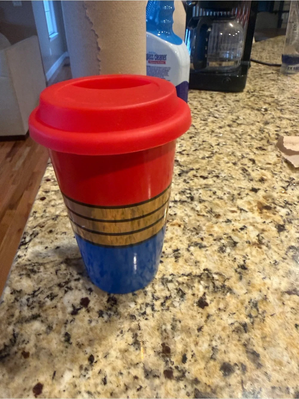 Reusable Red and Blue Travel Mug with Gold Accent